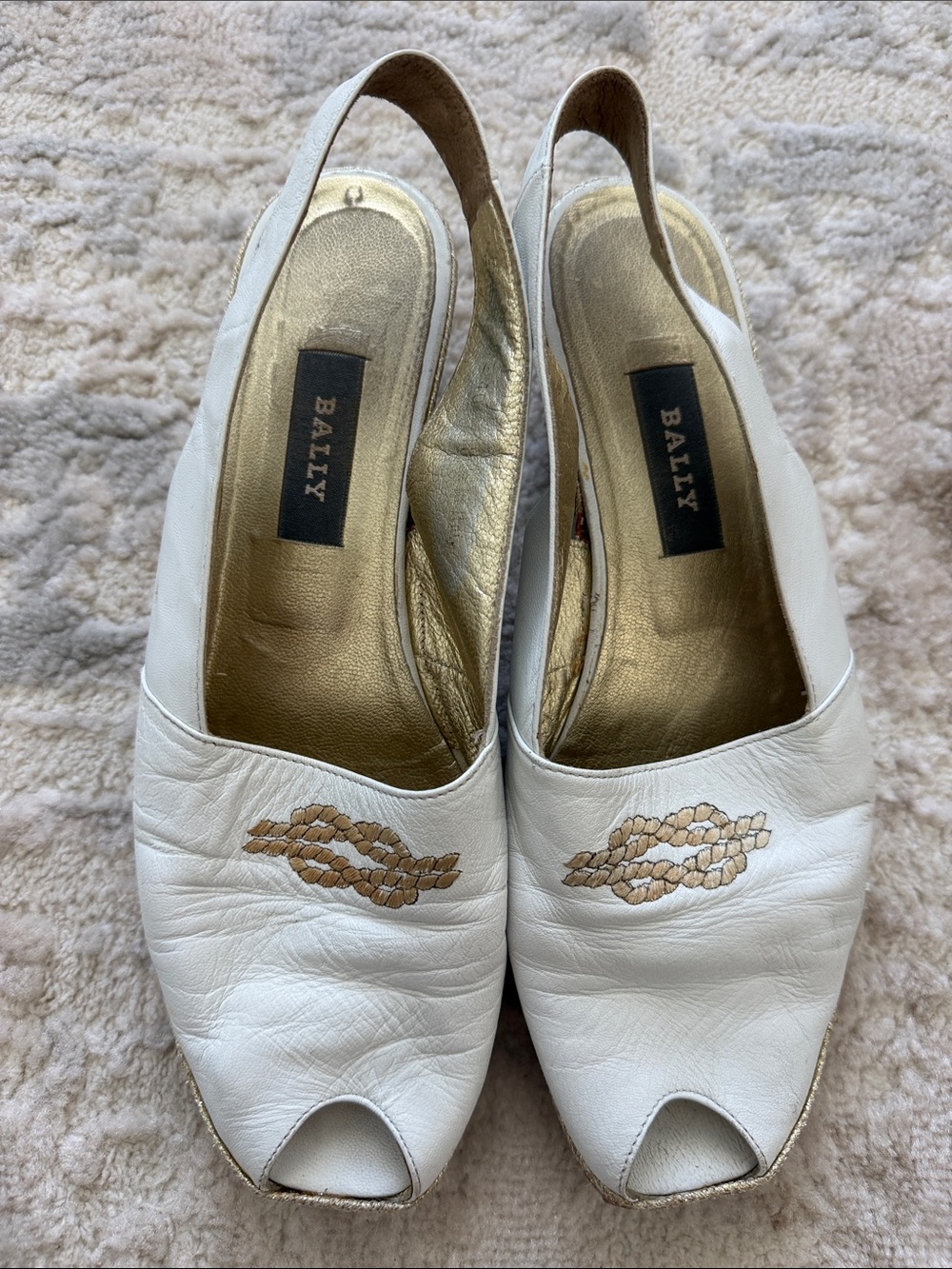 Bally White Leather Peep-Toe Slingback Mules with Gold Insole